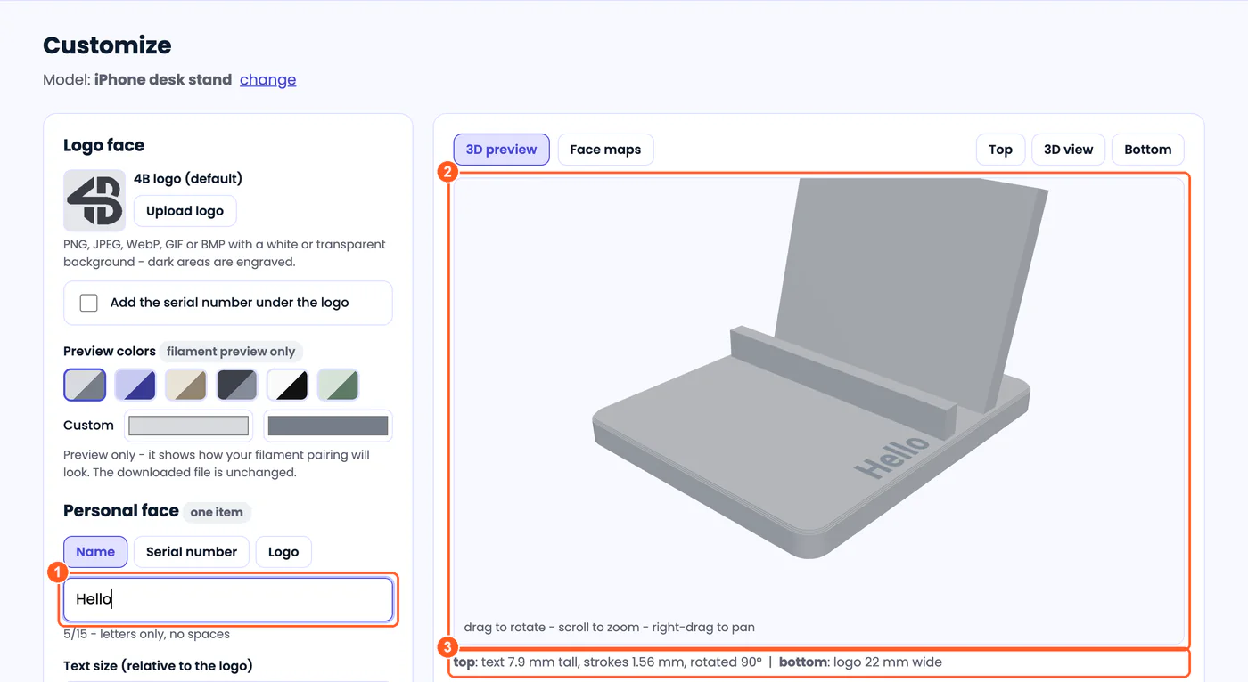 4B Engraver's Customize step for the iPhone desk stand. The name field holds Hello, the 3D preview shows Hello engraved along the front deck of the grey stand, and the line below reads: top: text 7.9 mm tall, strokes 1.56 mm, rotated 90 degrees; bottom: logo 22 mm wide.