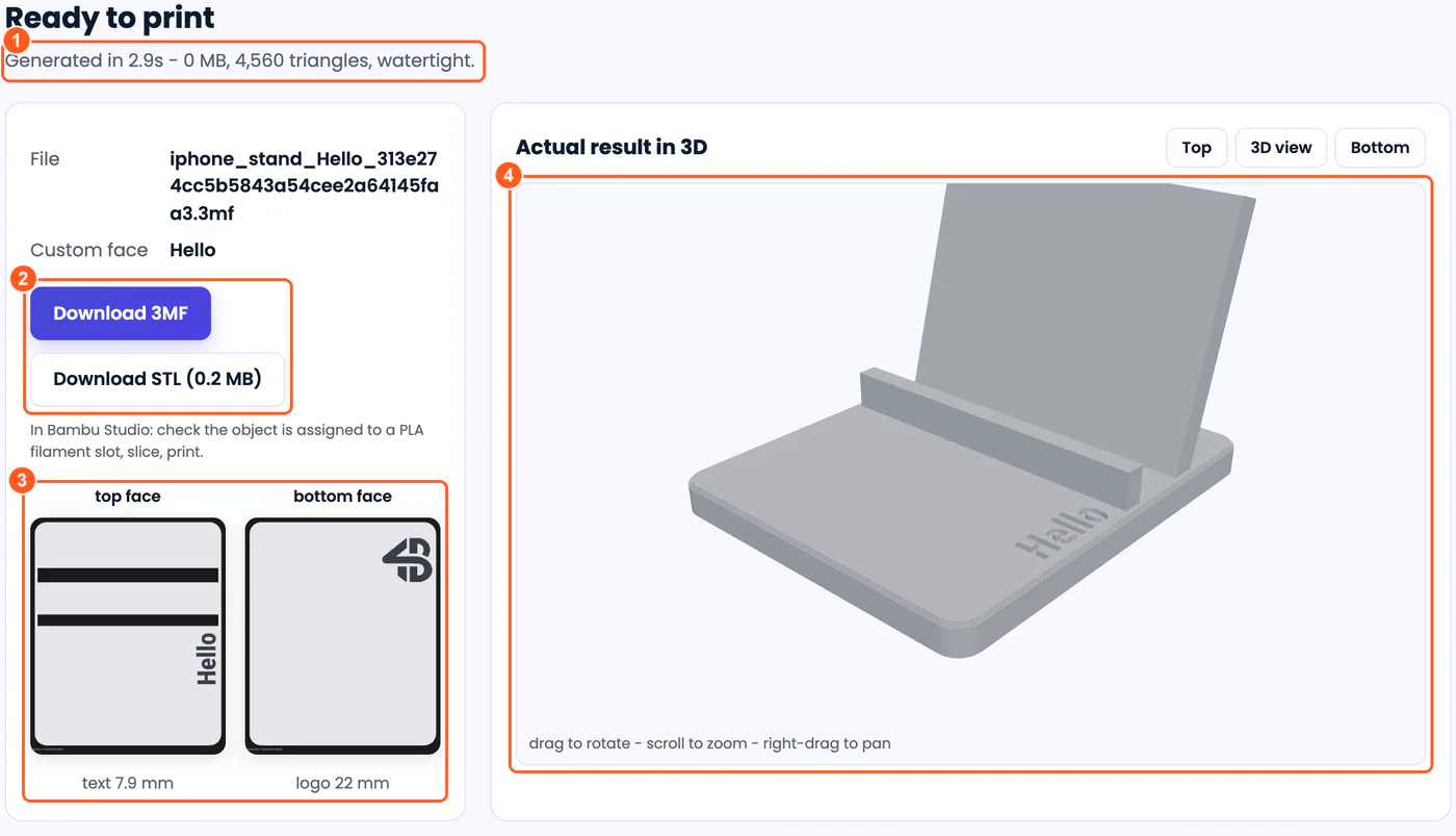 4B Engraver's Ready to print page: Generated in 2.9 s, 4,560 triangles, watertight. Download 3MF and Download STL buttons, flat maps of the top face with Hello and the bottom face with the logo, and a 3D view of the finished stand.