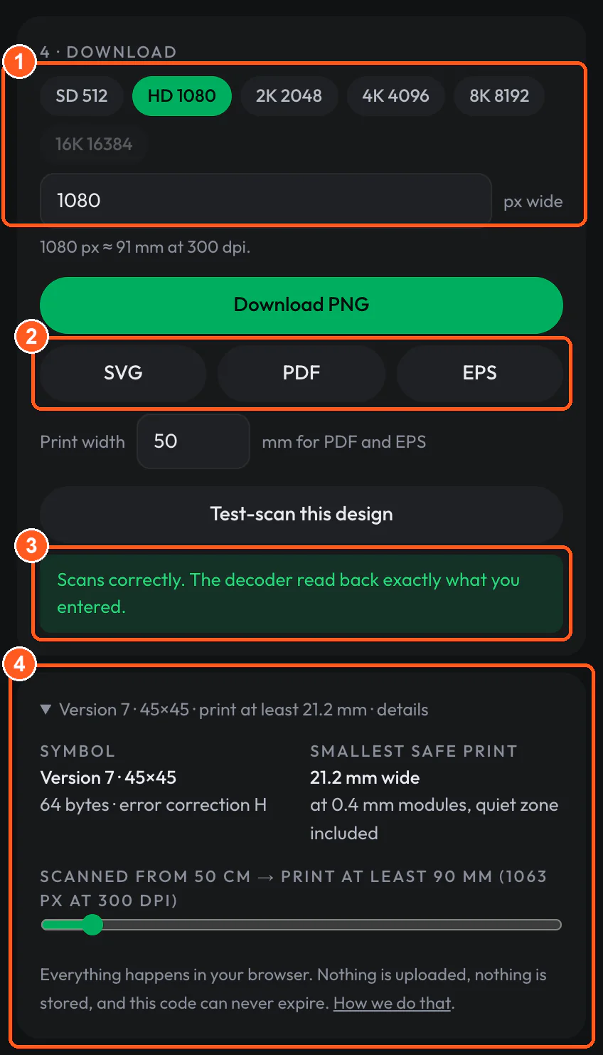 QR Studio download panel. HD 1080 is selected, with SVG, PDF and EPS buttons below. The test-scan result reads: Scans correctly. The decoder read back exactly what you entered. The details panel shows version 7, 45 by 45, 64 bytes, error correction H, a smallest safe print of 21.2 mm, and, for a scan distance of 50 cm, a print width of at least 90 mm.